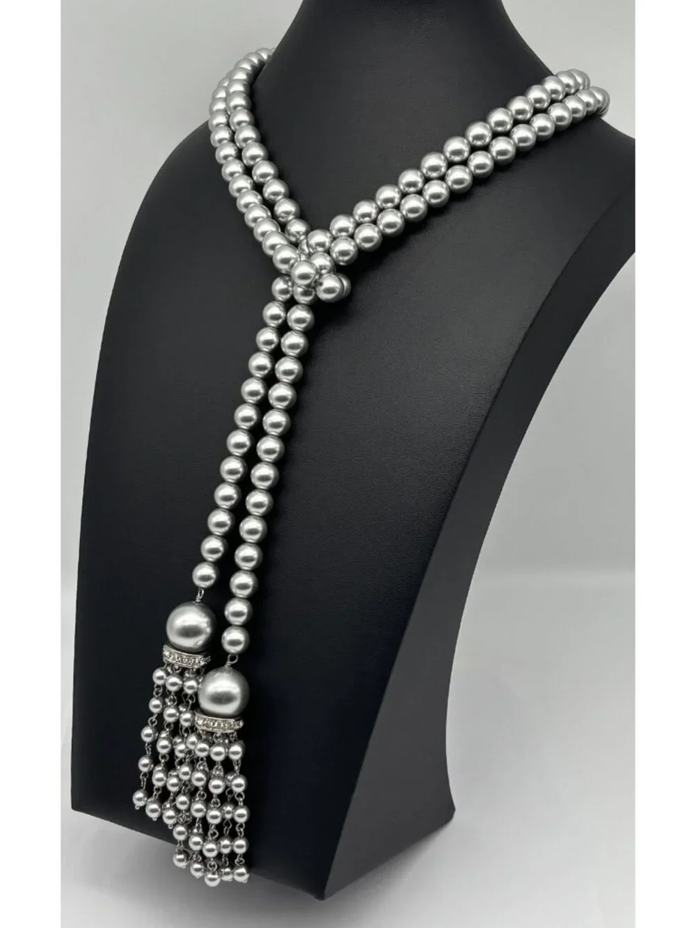 Faux Pearl and Crystal Lariat Necklace Belt Double Tassels Silvery Gray Unsigned